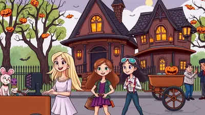 Three young women and a boy are in front of a spooky haunted house decorated for Halloween, with jack-o-lanterns and bats visible.