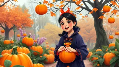A young girl dressed in a dark blue costume with a red headband, holding a pumpkin in a park filled with pumpkins and autumn foliage.