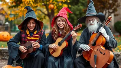 Three people dressed as wizards, two playing ukuleles and one playing a cello, sit outdoors in front of autumn foliage and pumpkins.