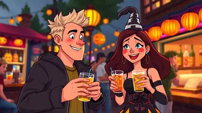 A smiling man with spiky blonde hair and a woman in a witch costume with a pointed hat are holding drinks at a festive outdoor market at night, with glowing lanterns and pumpkins visible in the background.