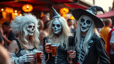 Three women in skeleton makeup and Halloween costumes are holding glasses of beer and smiling at a party.