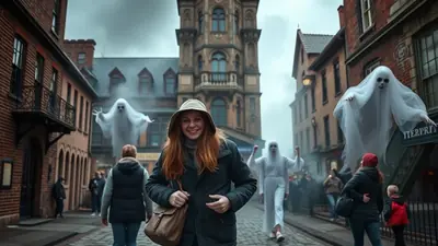 A woman with red hair and a hat smiles at the camera on a cobblestone street, while two ghostly figures float in the background of a spooky, old-fashioned town.