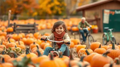 A smiling young girl rides a bicycle through a pumpkin patch on a crisp autumn day, surrounded by rows of pumpkins and colorful fall foliage.
