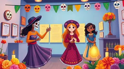 Three young women dressed in traditional Day of the Dead attire stand in a room decorated with papel picado skulls and marigolds. The woman on the left wears a skull mask and a purple dress, the woman in the middle has long red hair and a red dress, and the woman on the right wears a blue dress and holds a glowing lantern.