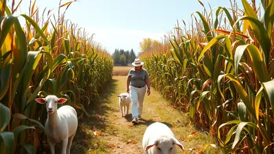 A person wearing a hat walks through a corn maze with two sheep, one in front and one following behind.