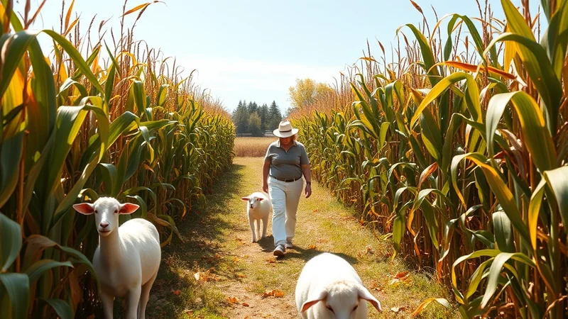 A person wearing a hat walks through a corn maze with two sheep, one in front and one following behind.