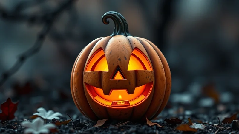 A carved jack-o-lantern with a glowing orange interior sits on the ground amidst fallen leaves and dark soil, with a blurred, dark background suggesting an outdoor, nighttime setting.