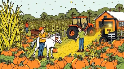 A boy in an orange hat and yellow shirt leads a white horse with a red halter through a pumpkin patch, while another boy in a green shirt stands nearby with a tool. An orange tractor and a small orange building are visible in the background, with a cornfield surrounding the scene under a night sky with a crescent moon and stars.