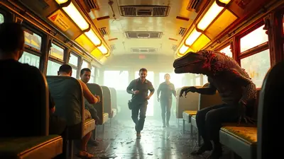 A dinosaur with glowing red eyes sits on a bus seat, facing a group of startled passengers. The bus is dimly lit with yellow overhead lights, and the floor is covered in debris, creating a tense and eerie atmosphere.