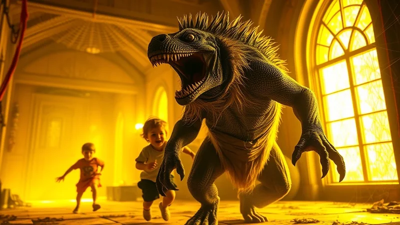 A terrifying, scaly dinosaur with sharp teeth and a spiky mane lunges forward with its mouth open, while two small children in the background run away in fear. The scene is illuminated by a dramatic, warm yellow light, suggesting a dramatic or Halloween-themed setting.