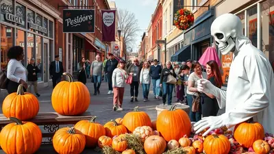 A street scene decorated for Halloween, with a person in a skeleton costume interacting with a crowd, and pumpkins displayed prominently in the foreground.