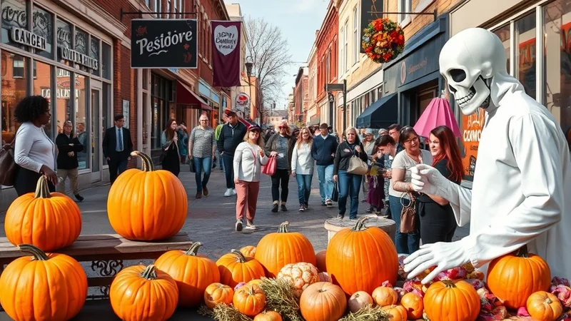 A street scene decorated for Halloween, with a person in a skeleton costume interacting with a crowd, and pumpkins displayed prominently in the foreground.
