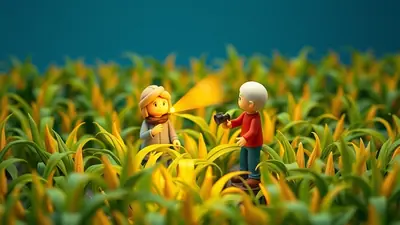 Two cartoon figures stand in a cornfield under a teal sky. One figure, facing left, is illuminated by a bright yellow beam emanating from a camera held by the other figure, who is facing the first figure.