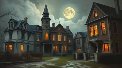 A spooky Victorian-style house with glowing windows and a full moon in the sky, with bats flying overhead.
