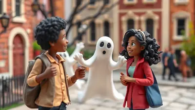 Two children, a boy and a girl, are looking at a friendly ghost in the middle of a street with brick buildings in the background. The children are smiling and appear to be enjoying the Halloween encounter.