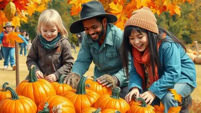 A man and two children are selecting pumpkins at a pumpkin patch on a sunny autumn day. The man is wearing a hat and a blue shirt, and the children are wearing jackets and scarves. They are all smiling and looking at the pumpkins.