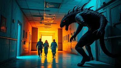 A terrifying, shadowy creature with glowing red eyes and sharp spikes stalks down a dimly lit hospital hallway towards three people walking away from it.