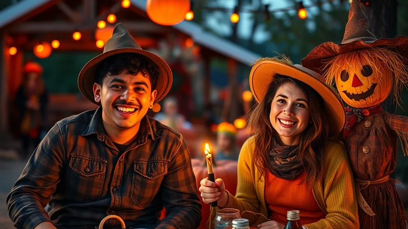 A smiling couple in witch hats and a scarecrow are celebrating Halloween at an outdoor event with string lights and pumpkins.