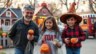 A smiling man and two children, a girl and a boy wearing a witch hat, are walking together outdoors, likely trick-or-treating, with Halloween decorations visible in the background.