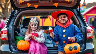 A young boy and girl are sitting in the open trunk of a car, dressed for Halloween. The girl on the left wears a pink dress and a bunny ear headband, holding a red heart. The boy on the right wears a blue jacket with gold buttons and an orange hat, holding a lollipop and a pumpkin-shaped candy bucket. Stuffed animals and pumpkins are visible in the trunk, and orange bunting hangs overhead. The scene appears to be a festive outdoor event.