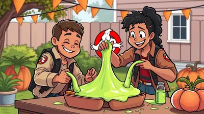 Two young Ghostbusters, a boy and a girl, are joyfully playing with bright green slime in a backyard decorated for Halloween with orange bunting and pumpkins.
