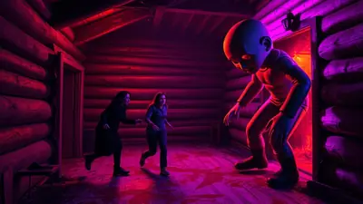 Two women are running away from a giant, creepy baby doll inside a wooden cabin. The scene is lit with eerie red and purple lights, creating a terrifying atmosphere.