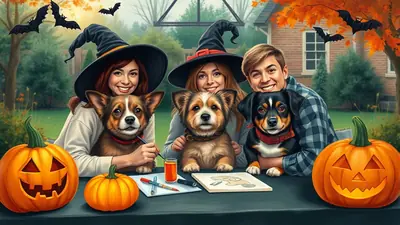 Three people in witch hats and three dogs are gathered around a table outdoors, with pumpkins and Halloween decorations visible. The people and dogs are smiling, creating a festive and cheerful Halloween atmosphere.