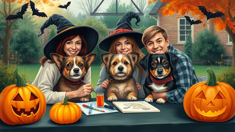 Three people in witch hats and three dogs are gathered around a table outdoors, with pumpkins and Halloween decorations visible. The people and dogs are smiling, creating a festive and cheerful Halloween atmosphere.