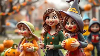 Three cartoon-style figures, dressed for Halloween, are in the foreground. The figure on the right wears a witch's hat and holds a pumpkin. The figure in the middle wears a green jacket and holds a candy cane. The figure on the left wears a green hood and holds a pumpkin. Several pumpkins and Halloween decorations are visible in the blurred background.