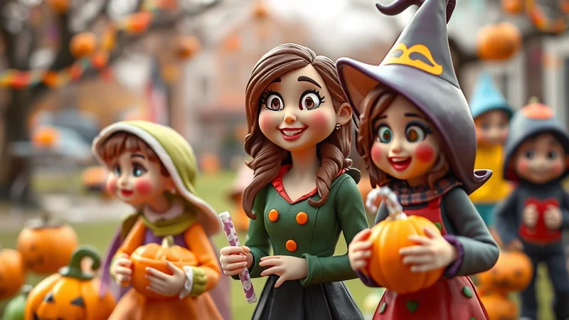 Three cartoon-style figures, dressed for Halloween, are in the foreground. The figure on the right wears a witch's hat and holds a pumpkin. The figure in the middle wears a green jacket and holds a candy cane. The figure on the left wears a green hood and holds a pumpkin. Several pumpkins and Halloween decorations are visible in the blurred background.