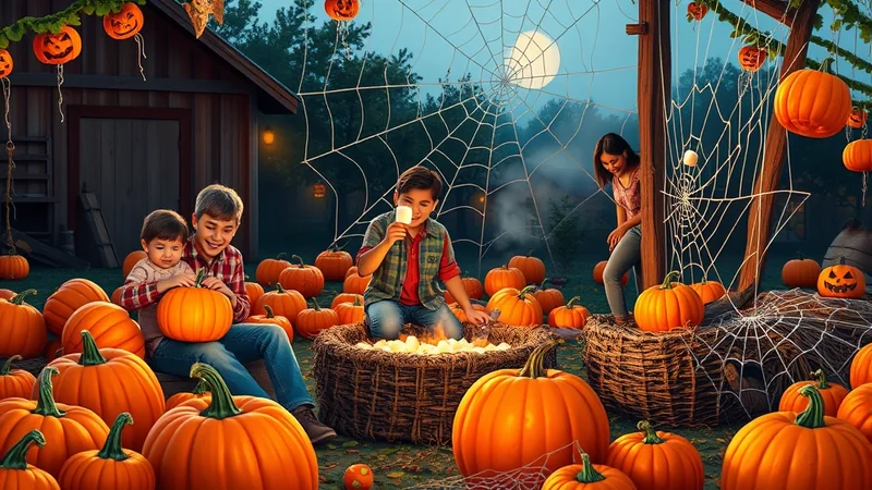 Three children are gathered around a bonfire in a yard decorated for Halloween with pumpkins and spiderwebs. Two boys are sitting together, one holding a pumpkin, while another boy roasts a marshmallow over the fire. A girl stands nearby, looking into a large spiderweb.