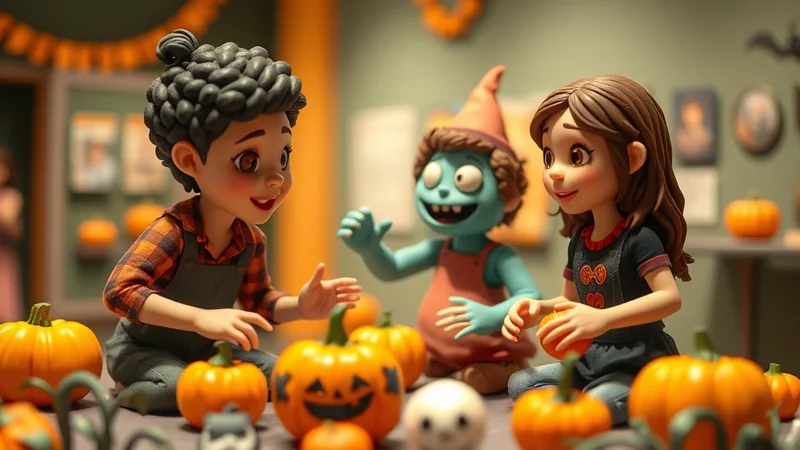 Three cartoon characters, two children and a small blue monster, are gathered around a table filled with pumpkins and Halloween decorations, appearing to be preparing for a Halloween celebration.