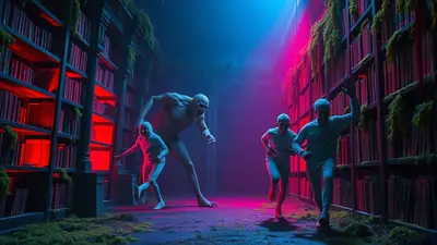 A terrifying, pale, humanoid monster with sharp claws and teeth lunges towards three terrified people running away in a dimly lit library with towering bookshelves.