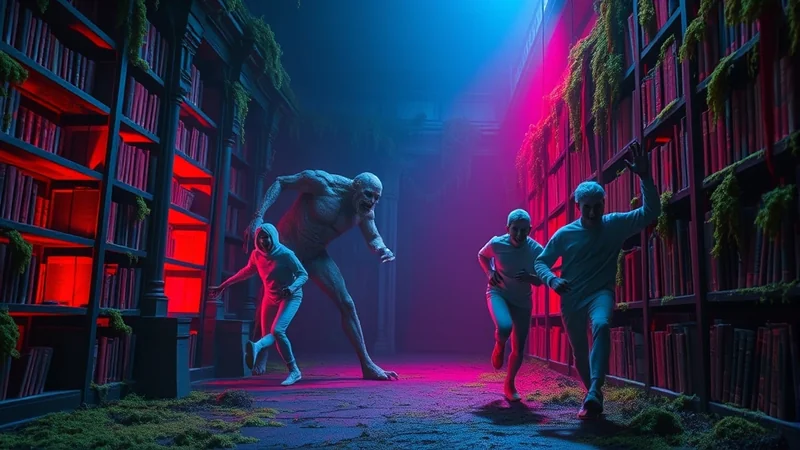 A terrifying, pale, humanoid monster with sharp claws and teeth lunges towards three terrified people running away in a dimly lit library with towering bookshelves.