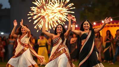 Three women in traditional Indian attire are dancing joyfully outdoors at night with fireworks exploding in the background.