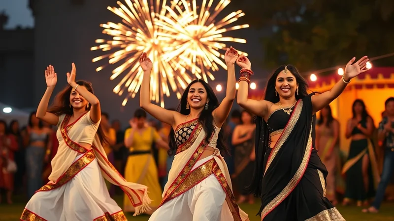 Three women in traditional Indian attire are dancing joyfully outdoors at night with fireworks exploding in the background.
