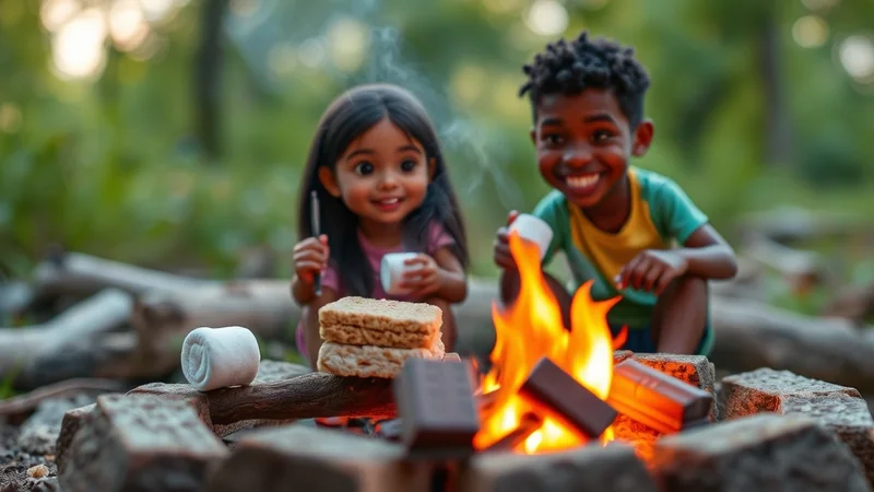 Two smiling children, a girl and a boy, are roasting marshmallows over a campfire in a forest setting. The girl holds a stick with a marshmallow, and the boy holds a cup. There are graham crackers and chocolate bars nearby, suggesting they are making s'mores.