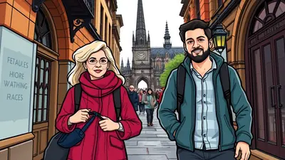 A cartoon illustration of a man and a woman walking down a cobblestone street in front of a large gothic building. The man is on the right, wearing a teal jacket and a light blue checkered shirt, with a backpack. The woman is on the left, wearing a red coat and glasses, also with a backpack. Other people are walking in the background, and the building features a prominent clock tower.