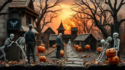 A spooky Halloween scene at dusk, featuring a haunted house, skeletons, and jack-o-lanterns, with a dramatic orange sunset in the background.