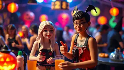 Two cartoonish figures, one with blonde hair and the other with black hair and bat ears, stand in a dimly lit Halloween party setting with colorful lights and decorations, holding drinks and giving thumbs up.