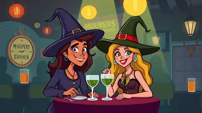 Two cartoon witches in pointy hats sit at a table in a dimly lit restaurant, smiling and holding drinks. The witch on the left has dark hair and a purple dress, while the witch on the right has blonde hair and a green dress. A sign behind them reads "Maupert Dinner".