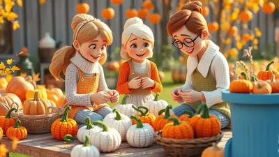Three cartoon girls are sitting on a wooden table outdoors, surrounded by pumpkins and autumn leaves, appearing to be crafting or decorating.