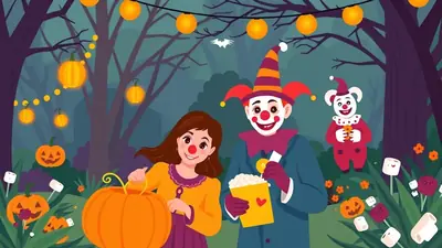 A girl and two clowns in a spooky forest at night, decorated with Halloween lights and pumpkins. The girl is carving a pumpkin, while the clowns hold popcorn and candy.