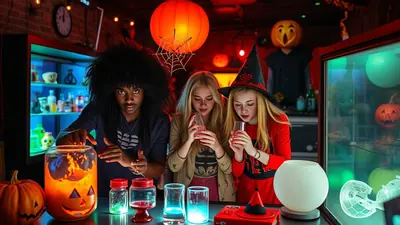 Three young people are gathered around a table filled with Halloween-themed items, including a large jack-o'-lantern jar, potion bottles, and pumpkins. The person on the left has a large afro and is pointing at the jar. The two people on the right are women, one wearing a witch hat, and they are both holding glasses with pink liquid.