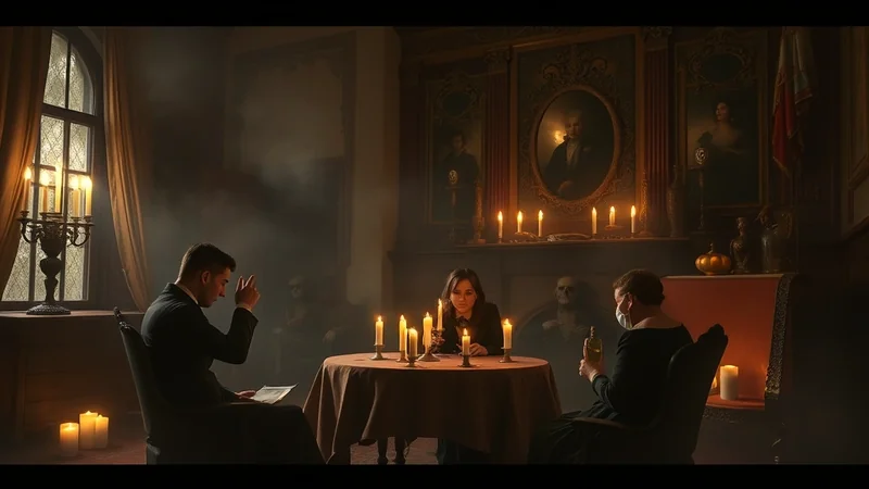 Three people are gathered around a round table in a dimly lit, ornate room, illuminated by numerous candles. One person on the left reads from a document, another in the center looks down at the table, and a third on the right holds a bottle. The atmosphere is mysterious and possibly related to a séance or ritual.