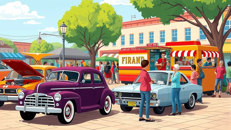 A vibrant outdoor scene depicts a classic car show with several vintage cars on display, including a purple sedan and a yellow car with its hood open. People are gathered around, some looking at the cars, while others are near a food truck. A musician plays a guitar near the food truck, adding to the lively atmosphere of the event.