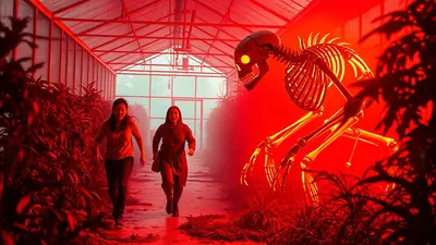 Two women run in fear through a greenhouse bathed in red light, pursued by a large, menacing skeleton creature.