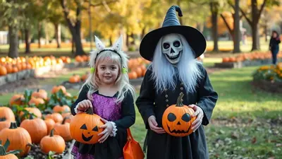 A young child dressed as a bunny and another person in a skeleton costume stand in a park filled with pumpkins, both holding carved jack-o'-lanterns.