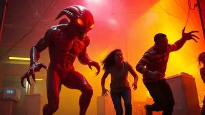 A terrifying red demon with glowing eyes and sharp claws looms over two terrified people who are running away in a dimly lit room with orange lighting and cobwebs.