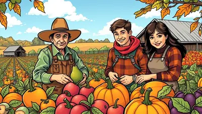 An older farmer stands with a young man and woman in front of a pumpkin patch, all smiling and holding produce. The scene is set on a sunny autumn day with a barn in the background.